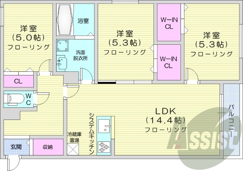 3LDK、エアコン、ネット無料、システムキッチン