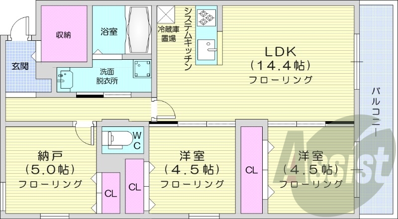 2LDK+S、エアコン、ネット無料、システムキッチン