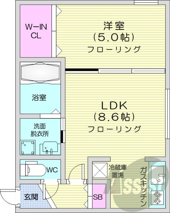 1LDK、都市ガス、エアコン、システムキッチン