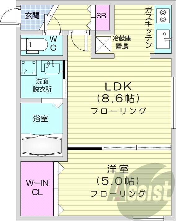 1LDK、都市ガス、エアコン、システムキッチン