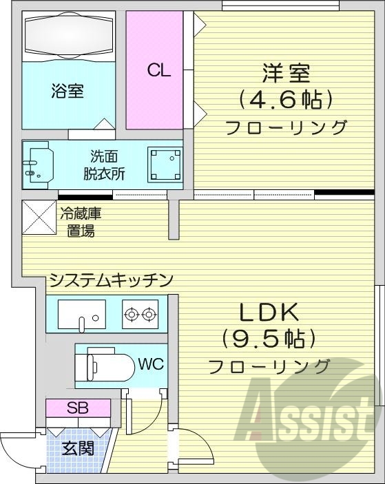 1LDK、都市ガス、エアコン、システムキッチン