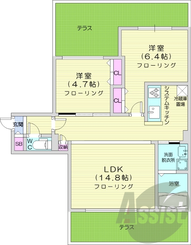 2LDK、エアコン、都市ガス、システムキッチン