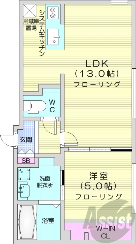 1LDK、エアコン、都市ガス、システムキッチン
