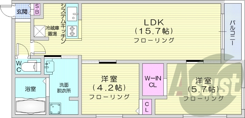 2LDK、エアコン、都市ガス、システムキッチン