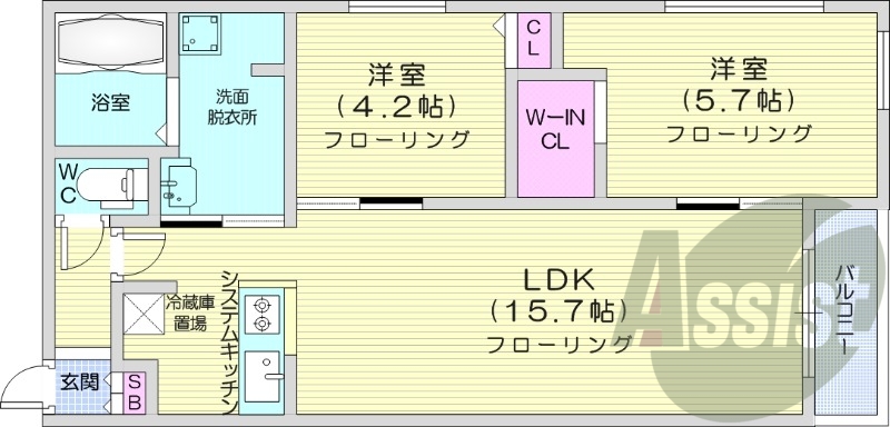 2LDK、エアコン、都市ガス、システムキッチン