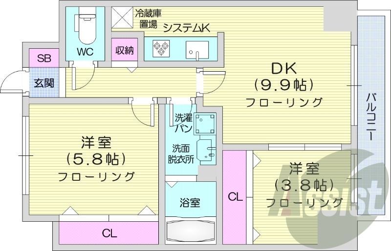 2DK、システムキッチン、クローゼット、