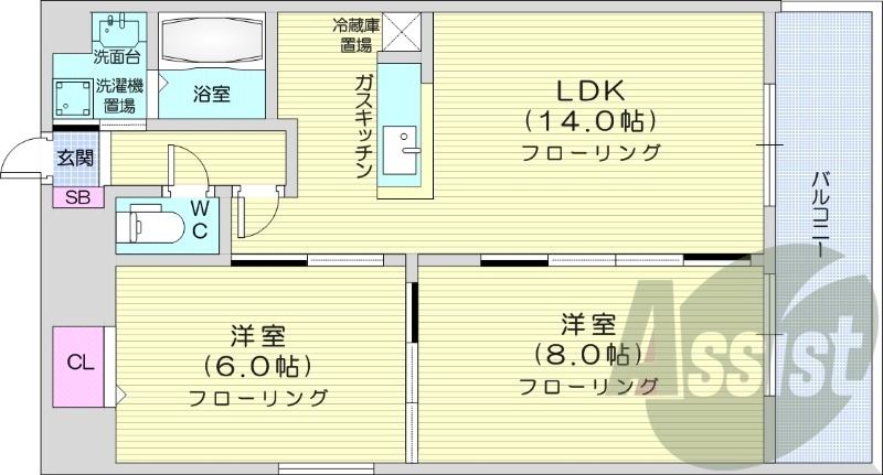 2LDK、オートロック、バストイレ別、ペット可