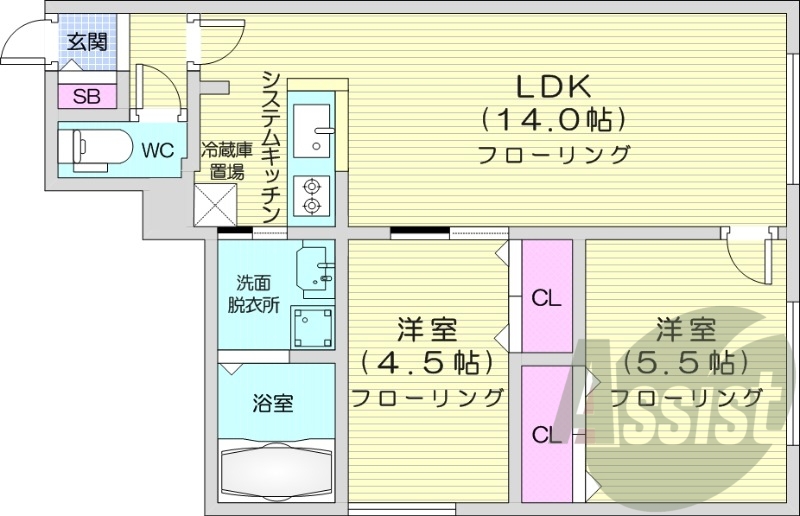 2LDK、システムキッチン、エアコン、追い焚き、ネット無料