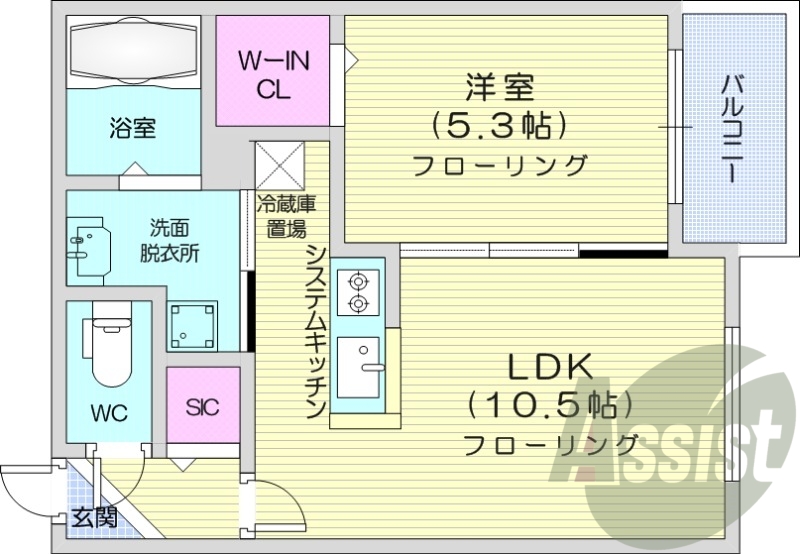 1LDK、都市ガス、エアコン、システムキッチン、