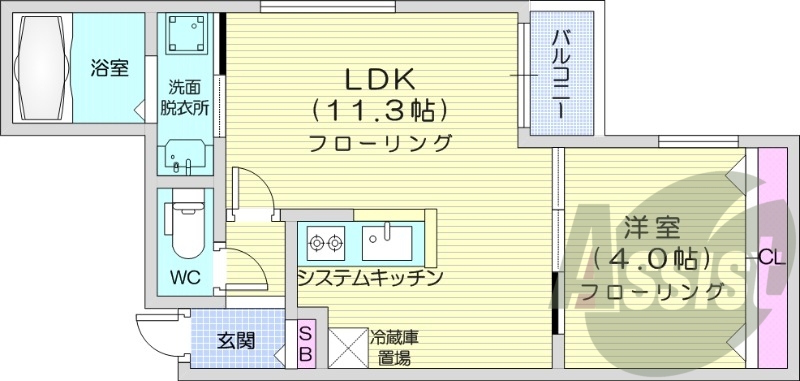 1LDK、都市ガス、エアコン、システムキッチン、
