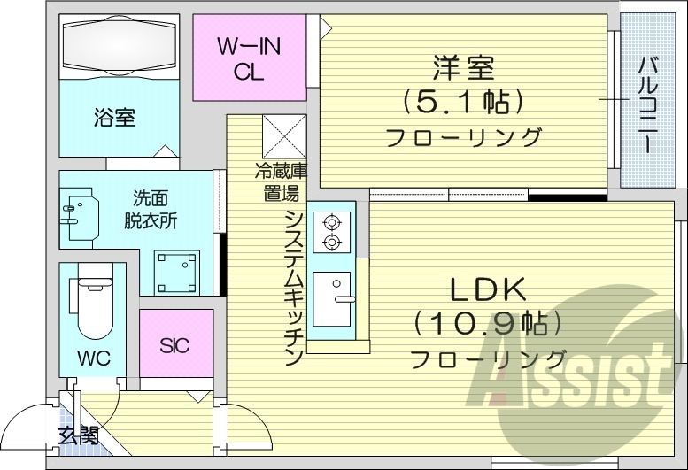 1LDK、都市ガス、エアコン、システムキッチン、