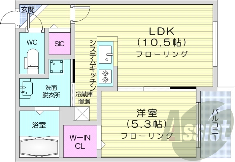 1LDK、都市ガス、エアコン、システムキッチン、