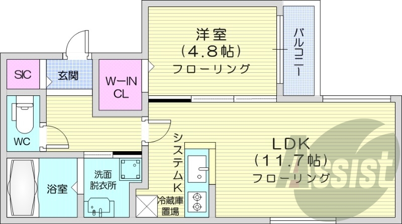 1LDK、都市ガス、エアコン、システムキッチン、