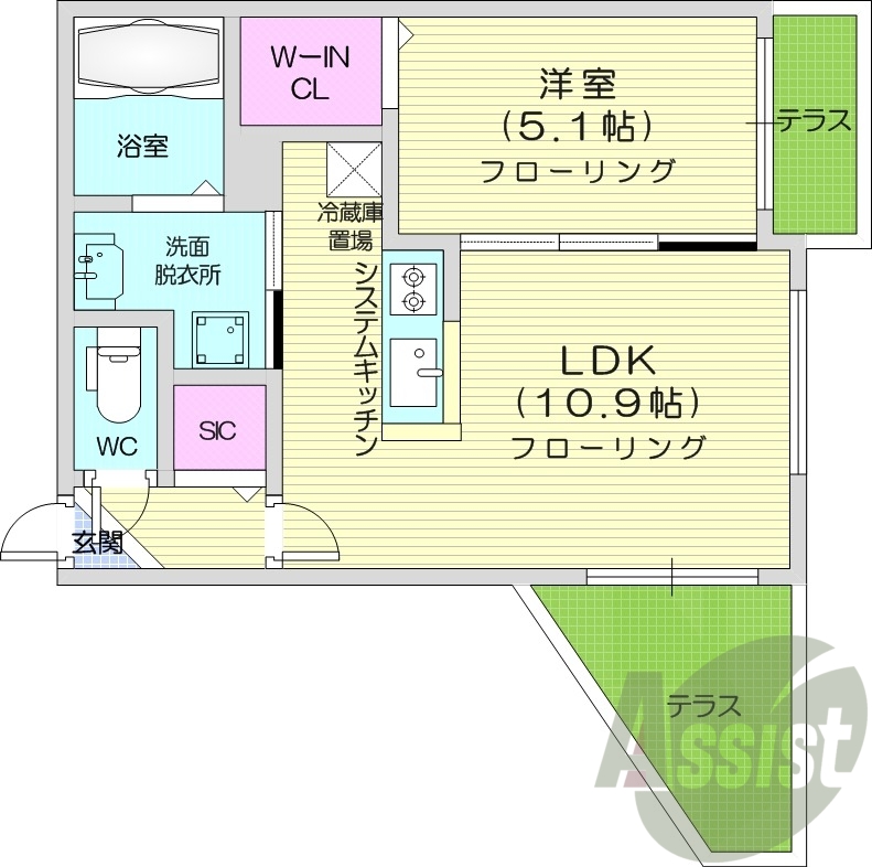1LDK、都市ガス、エアコン、システムキッチン、