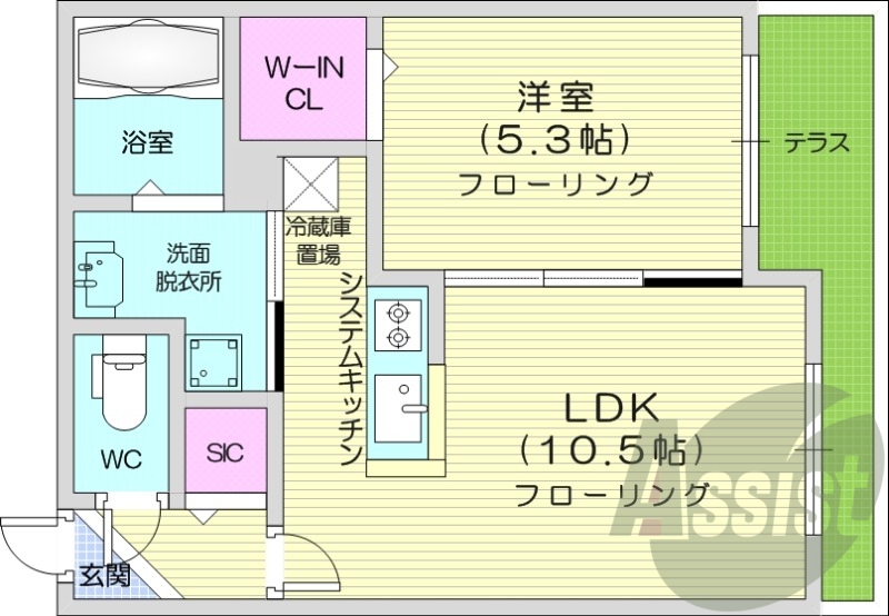 1LDK、都市ガス、エアコン、システムキッチン、