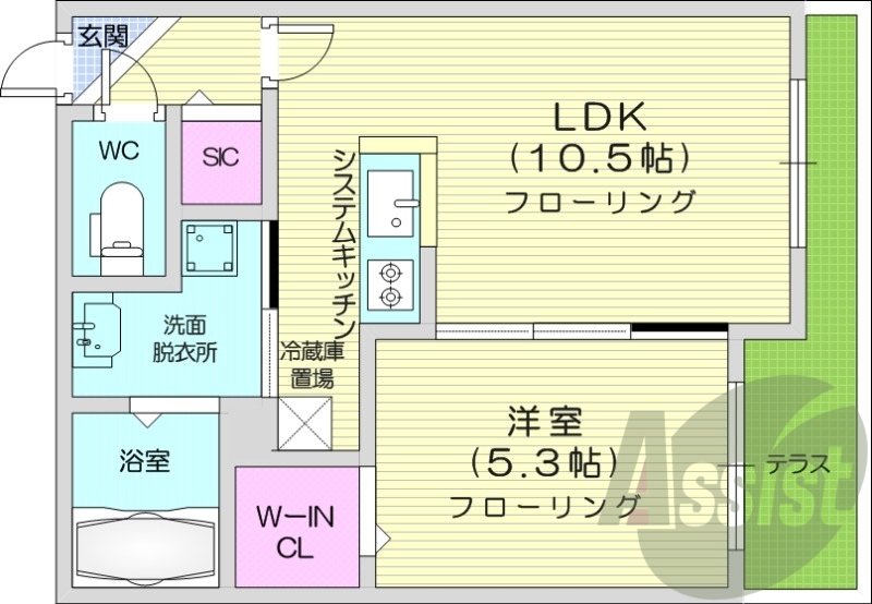 1LDK、都市ガス、エアコン、システムキッチン、