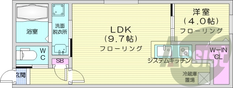 1LDK、都市ガス、システムキッチン、