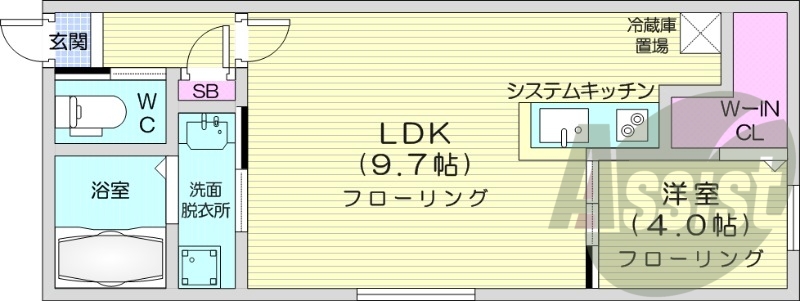 1LDK、都市ガス、システムキッチン、