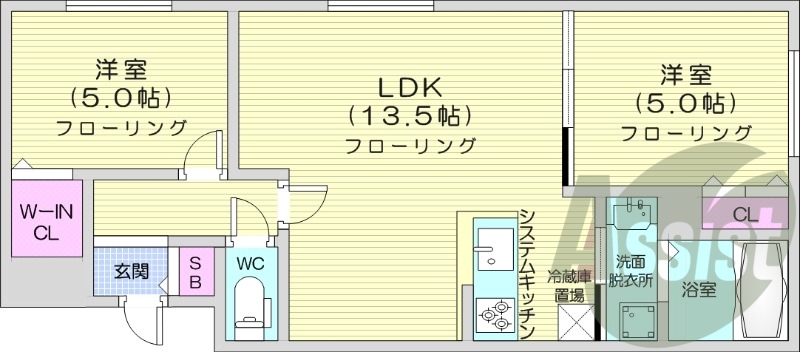 2LDK、都市ガス、エアコン、浴室乾燥機