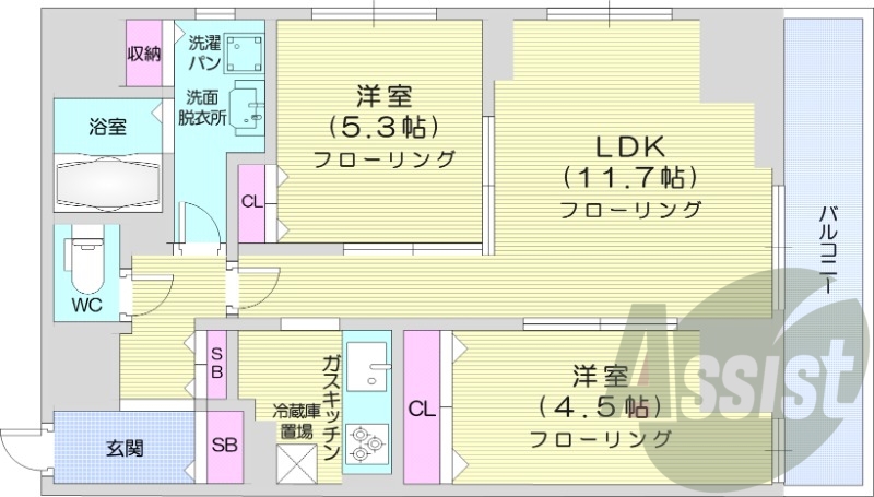 2LDK、都市ガス、オートロック、追い炊き、独立洗面所