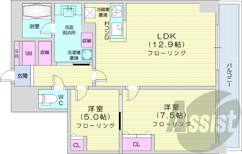 2LDK、オートロック、オール電化、バストイレ別