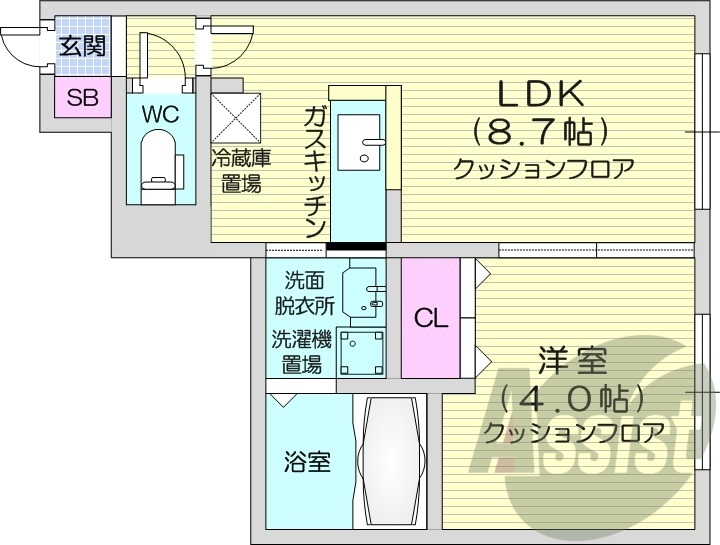 1LDK、都市ガス物件、対面キッチン、エアコン、ネット無料