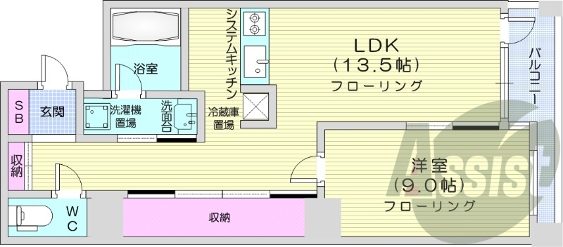 1LDK、エアコン、浴室乾燥機、オートロック、対面キッチン