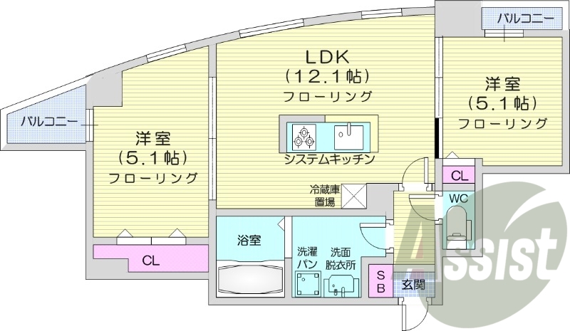 2LDK、エアコン、都市ガス、バルコニー、角部屋