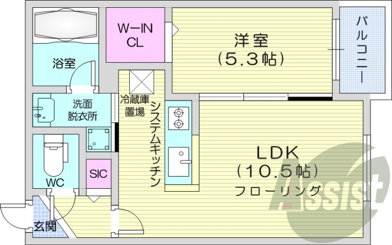 1LDK、エアコン、都市ガス、システムキッチン