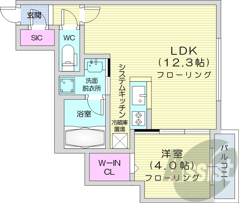 1LDK、エアコン、都市ガス、システムキッチン