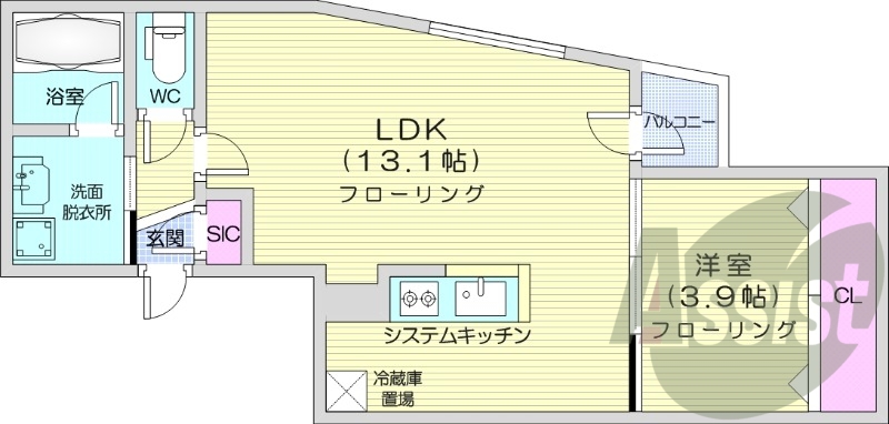 1LDK、エアコン、都市ガス、システムキッチン