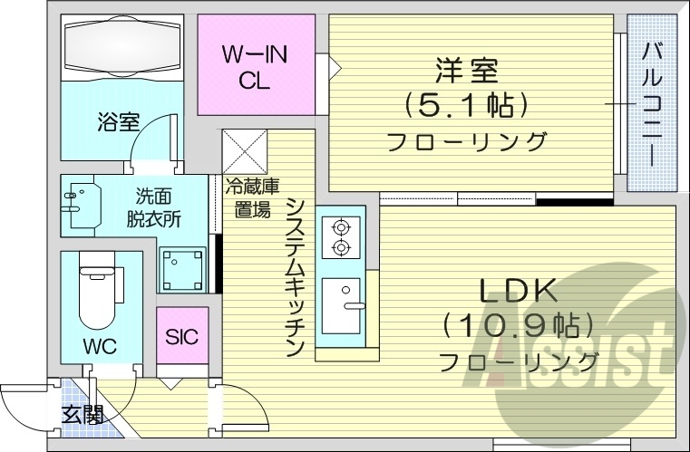 1LDK、エアコン、都市ガス、システムキッチン