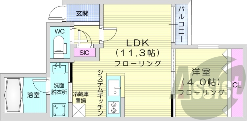 1LDK、エアコン、都市ガス、システムキッチン