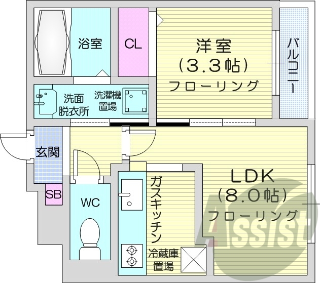 1LDK、エアコン、灯油FF暖房、シャワートイレ