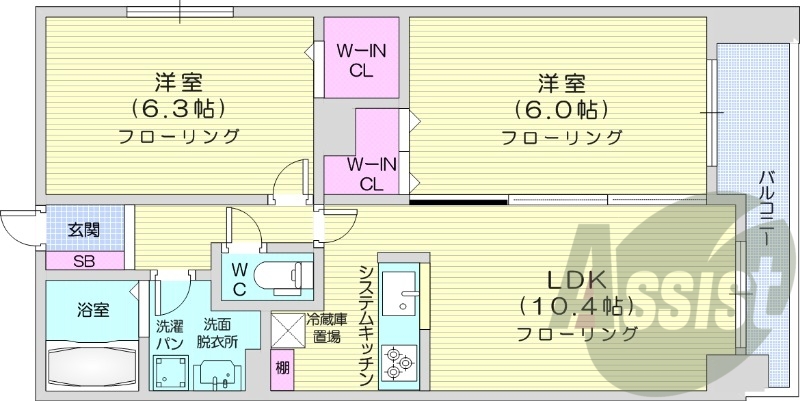 2LDK、都市ガス、オートロック、システムキッチン