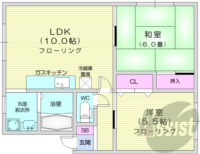 ２LDK、洗髪洗面化粧台、灯油暖房、トランクルーム