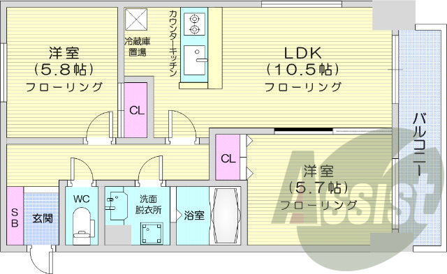 2LDK　独立洗面台、クローゼット、ウォシュレット