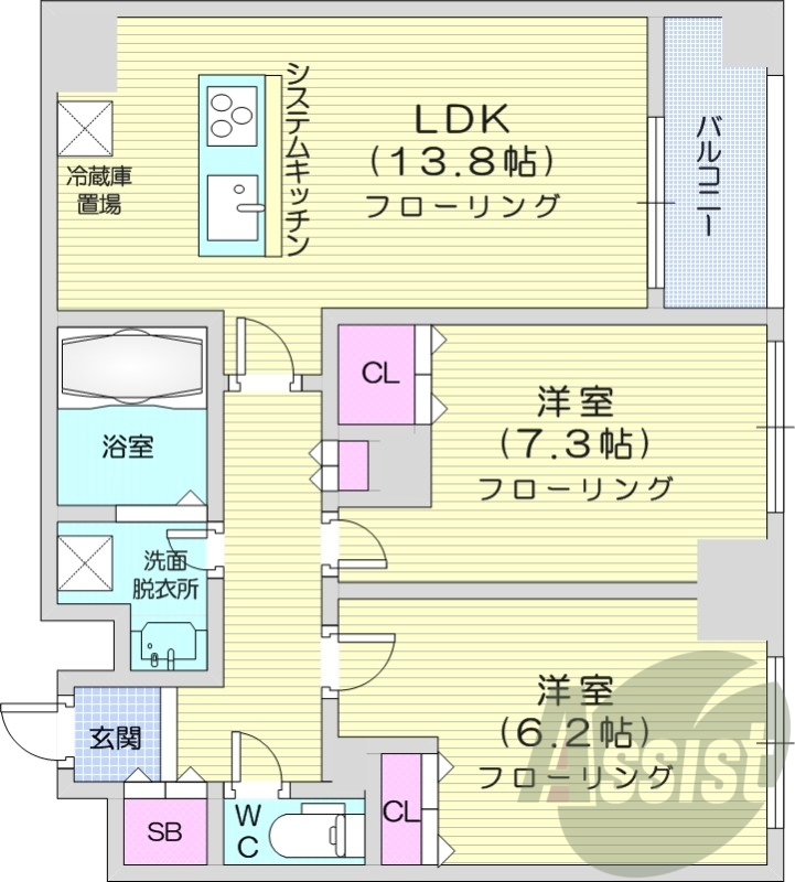 2LDK、クローゼット、システムキッチン、ウォシュレット