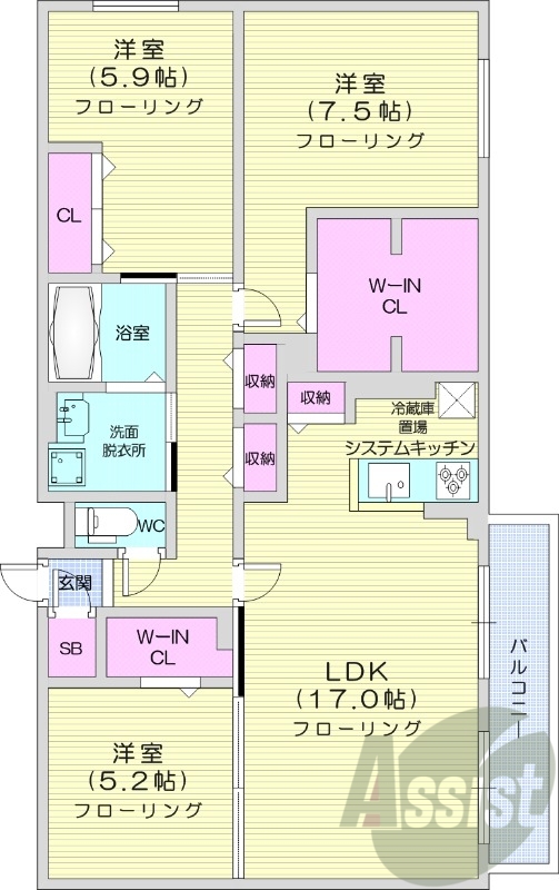 3LDK、都市ガス、エアコン、バルコニー