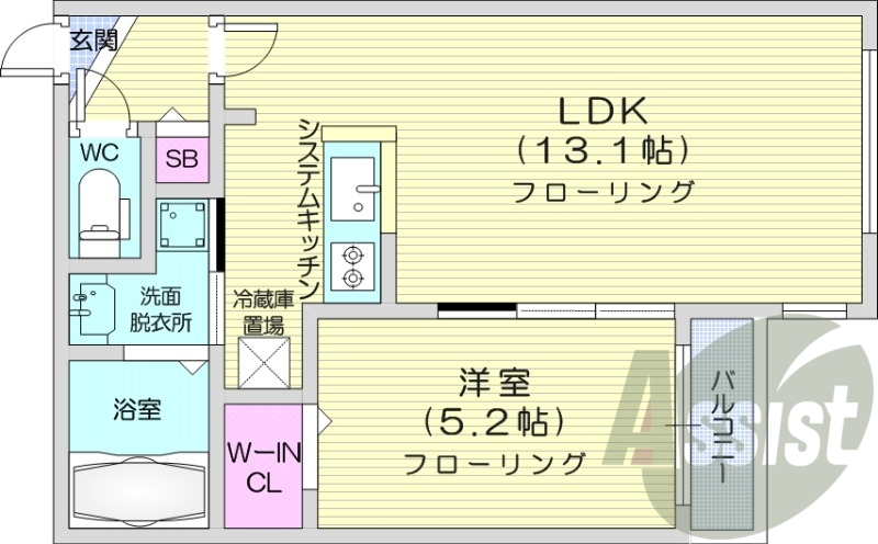 1LDK、角部屋、エアコン、ネット無料、バストイレ別