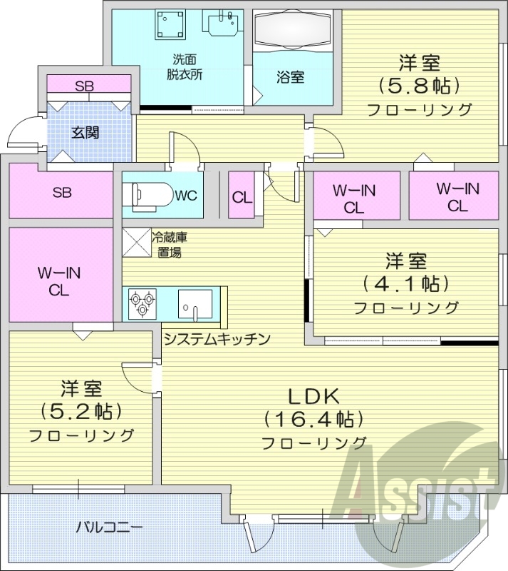 3LDK、都市ガス、エアコン、システムキッチン、浴室乾燥機