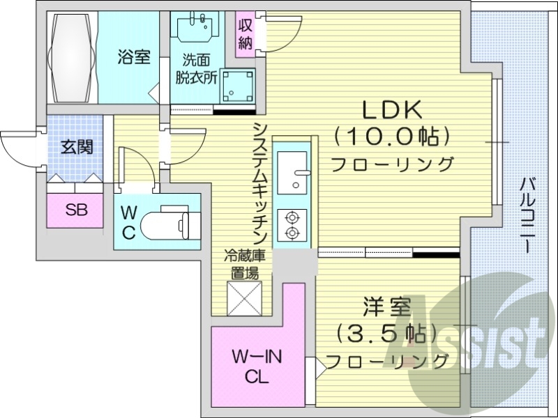 1LDK、都市ガス、エアコン、システムキッチン、浴室乾燥機