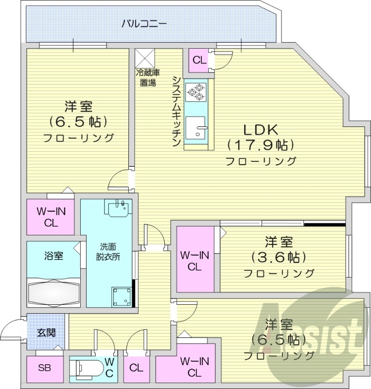 3LDK、都市ガス、エアコン、システムキッチン、浴室乾燥機