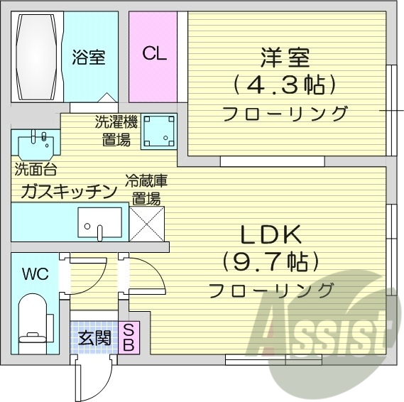 1LDK、エアコン、独立洗面台、バストイレ別
