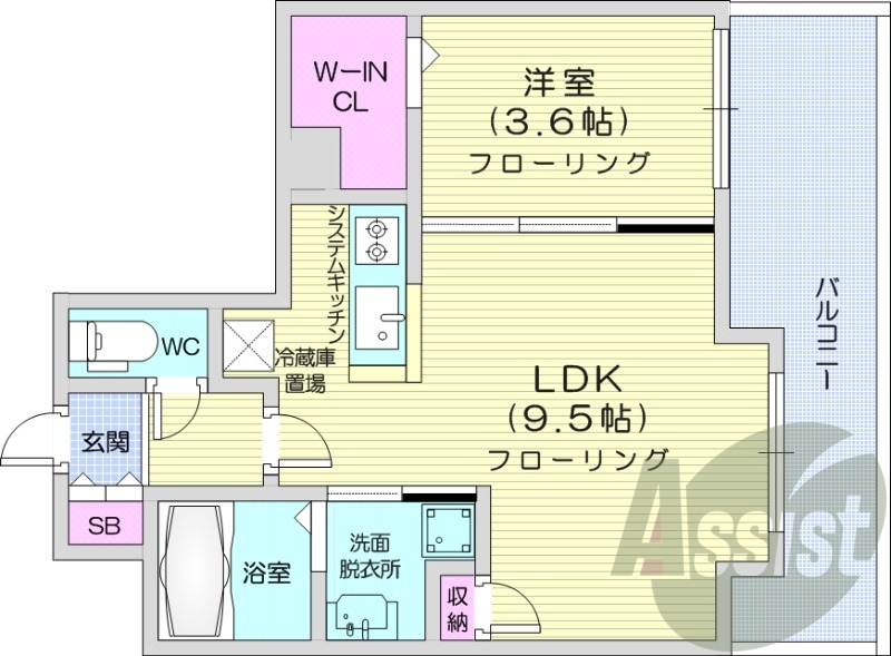 1LDK、都市ガス、エアコン、システムキッチン、浴室乾燥機