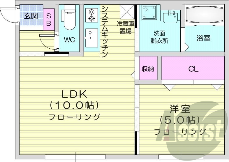 1LDK、エアコン、都市ガス、システムキッチン