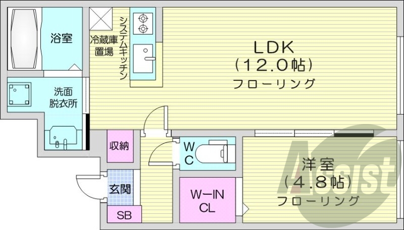 1LDK、エアコン、都市ガス、システムキッチン