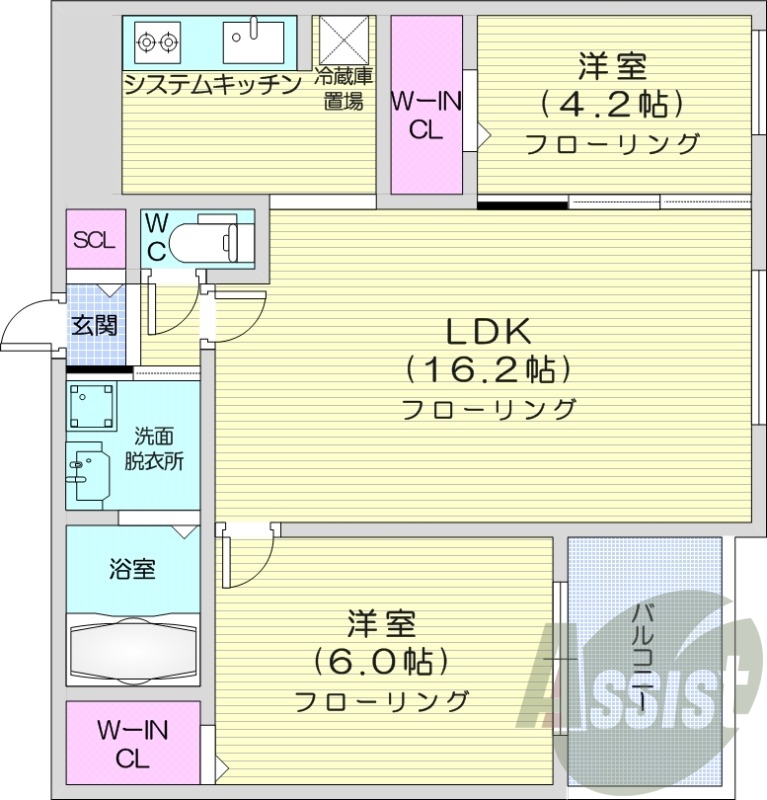 2LDK、都市ガス、エアコン、システムキッチン、ネット無料