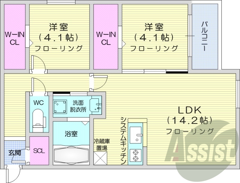 2LDK、都市ガス、エアコン、システムキッチン、ネット無料
