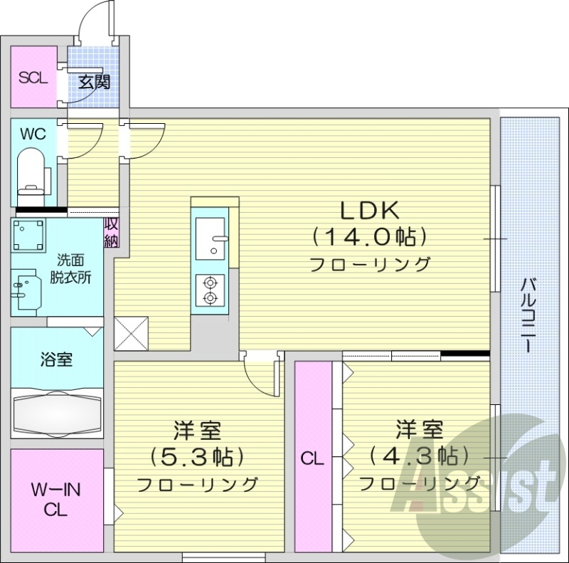2LDK、都市ガス、エアコン、システムキッチン、ネット無料